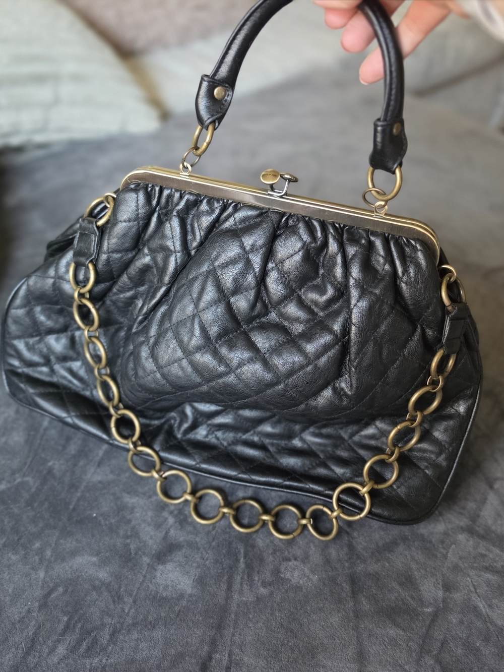 New York & Company Black Quilted Frame-Top Satchel with Chain Strap